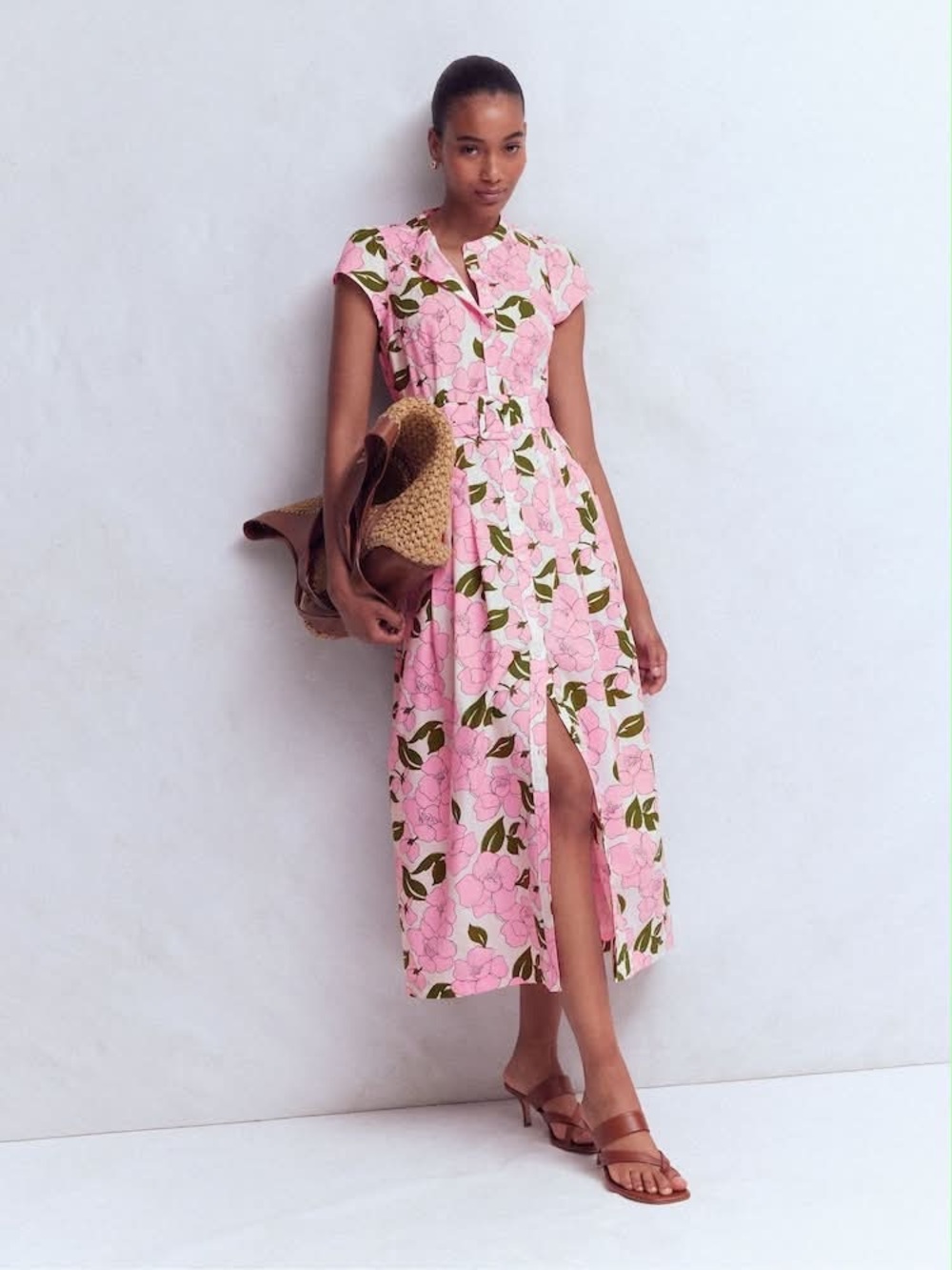 Boden Pink and Green Floral Midi Shirt Dress